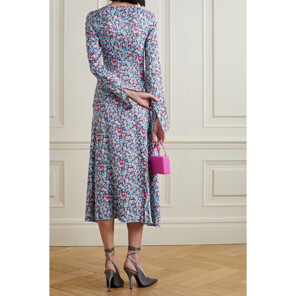 NEW ROTATE Birger Christensen Sierra Ruched Floral Satin Midi Dress Size 10 - Picture 2 of 10